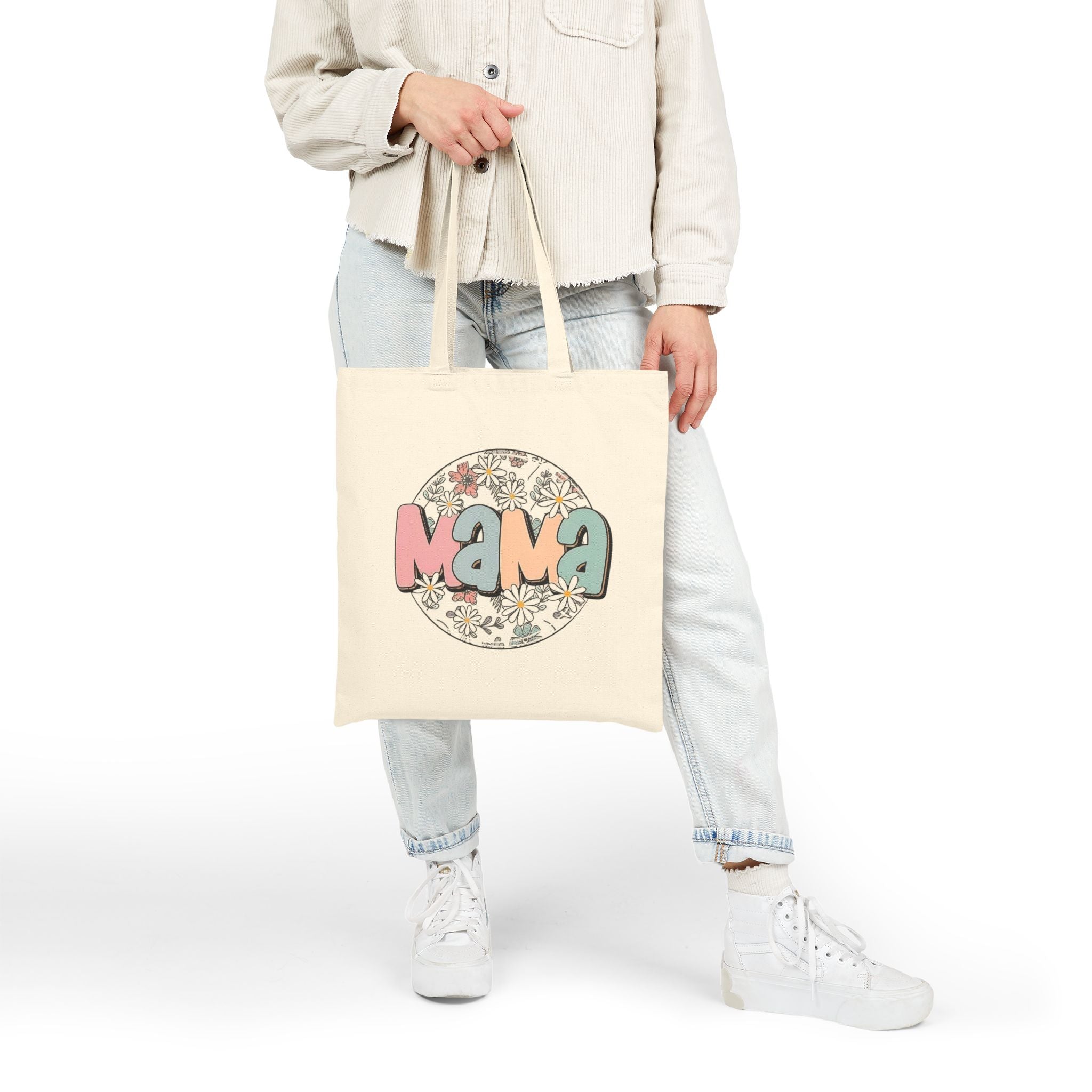 Mama Floral Tote Bag — Retro Daisy Cotton Canvas Market Tote