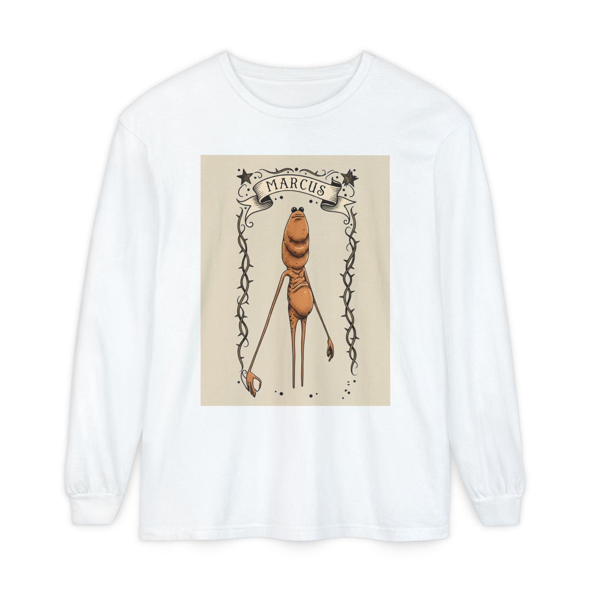 Marcus Character Long Sleeve Tee — Whimsical Creature Illustration Shirt