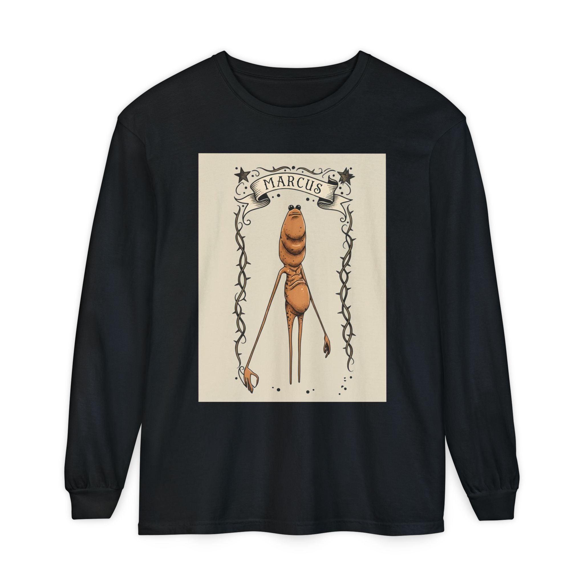 Marcus Character Long Sleeve Tee — Whimsical Creature Illustration Shirt