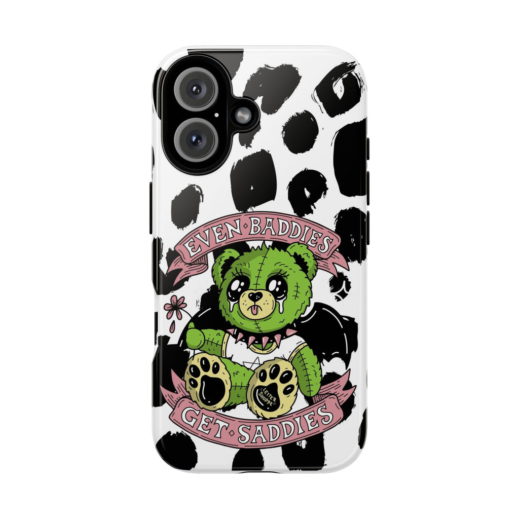 Cute Green Teddy Phone Case — "Even Baddies Get Saddles" Cow Print Protective Case