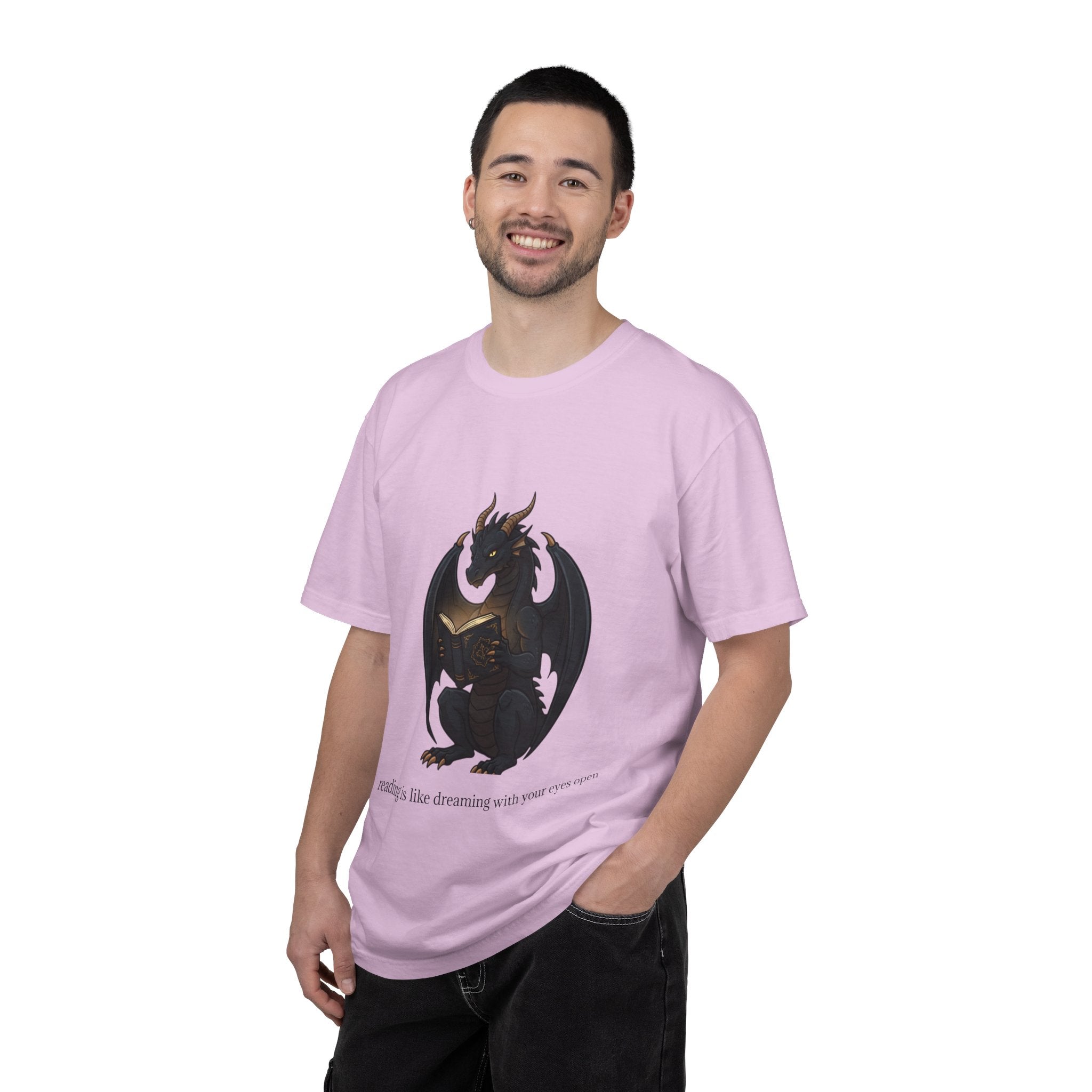 Dragon Reading T-Shirt — 'reading is like dreaming with your eyes open' Graphic Tee