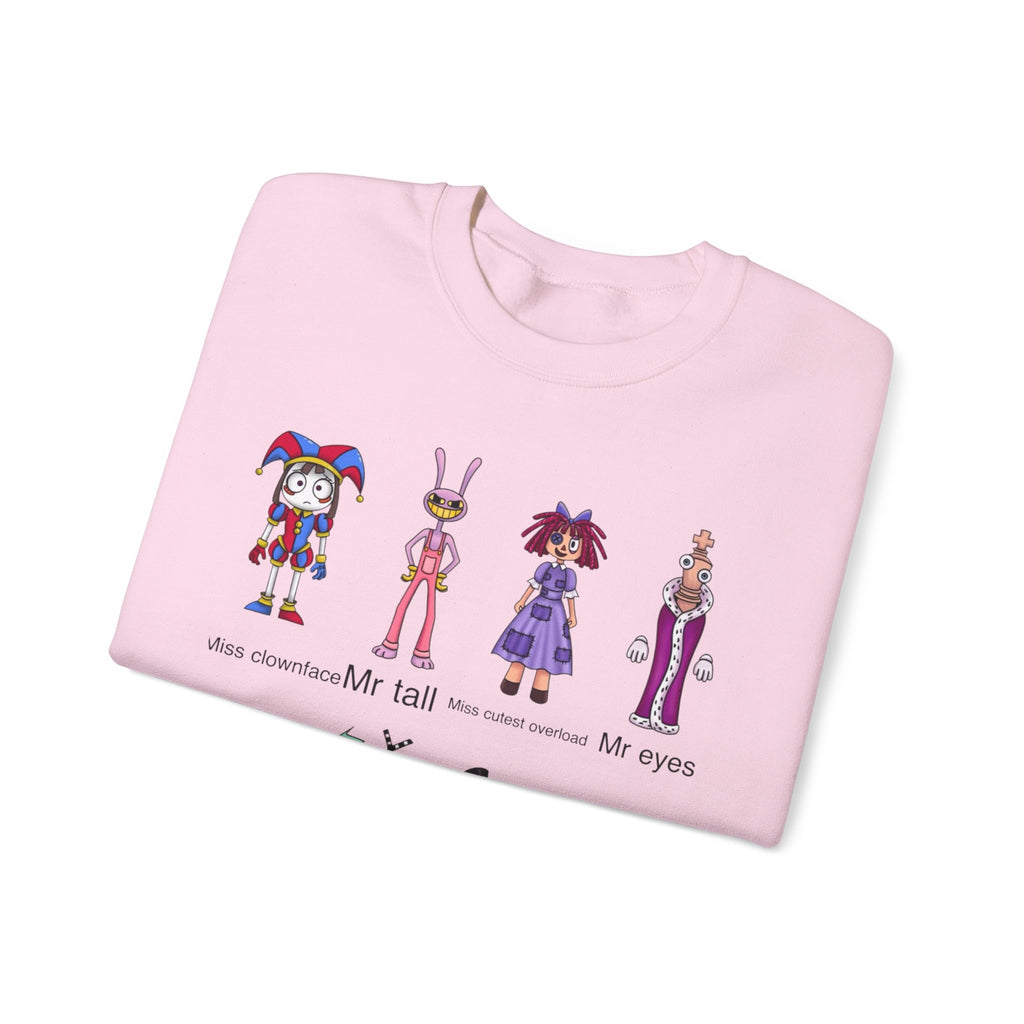 Crewneck Sweatshirt — Cute Creepy Cartoon Clowns Illustration ("Miss..." Character Lineup)