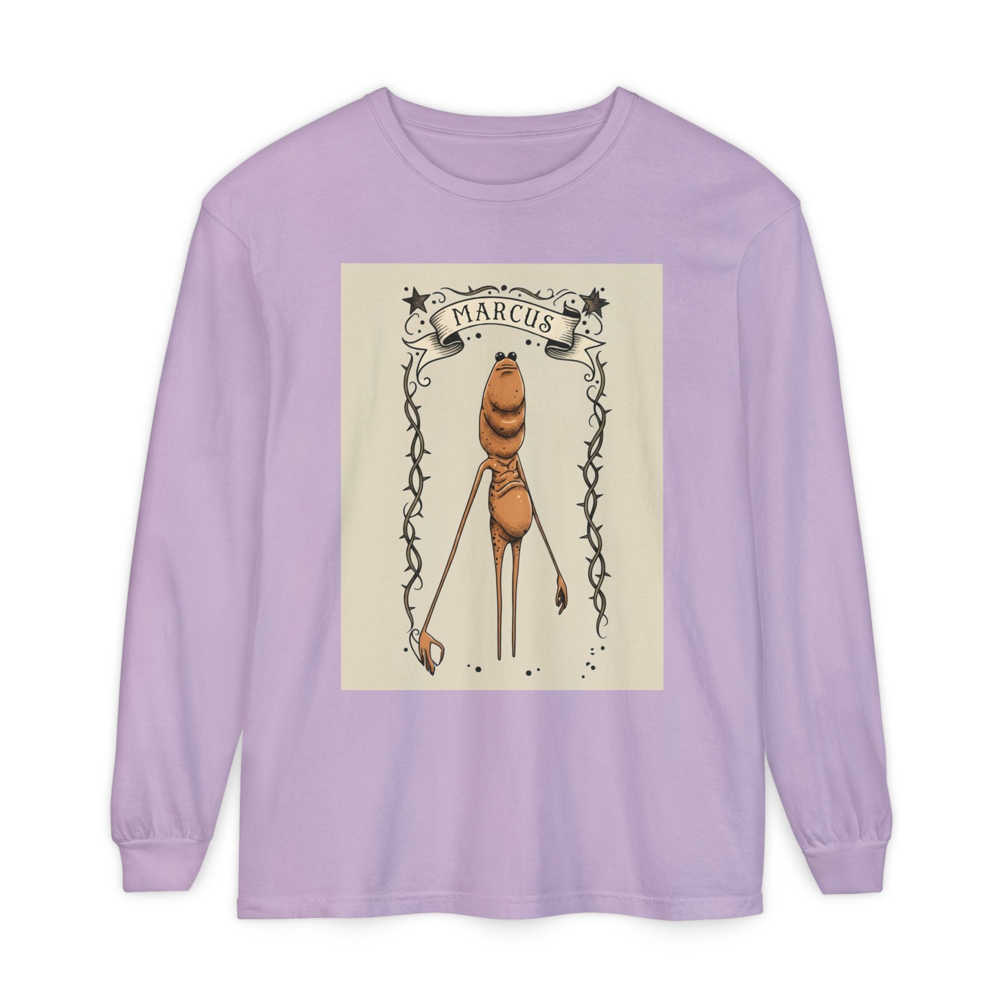 Marcus Character Long Sleeve Tee — Whimsical Creature Illustration Shirt