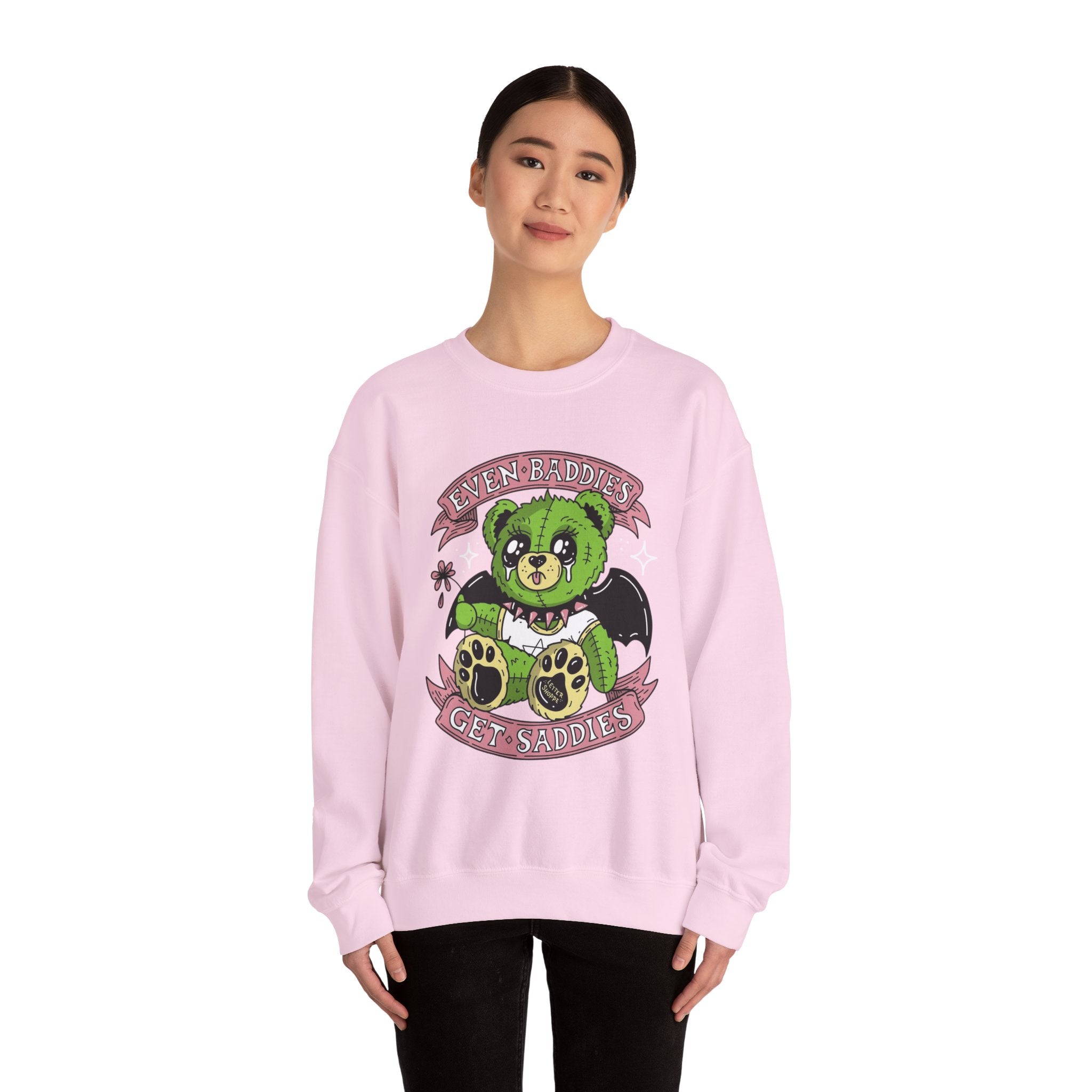 Get Saddest Green Bear Crewneck Sweatshirt — Cute Gothic Teddy Graphic