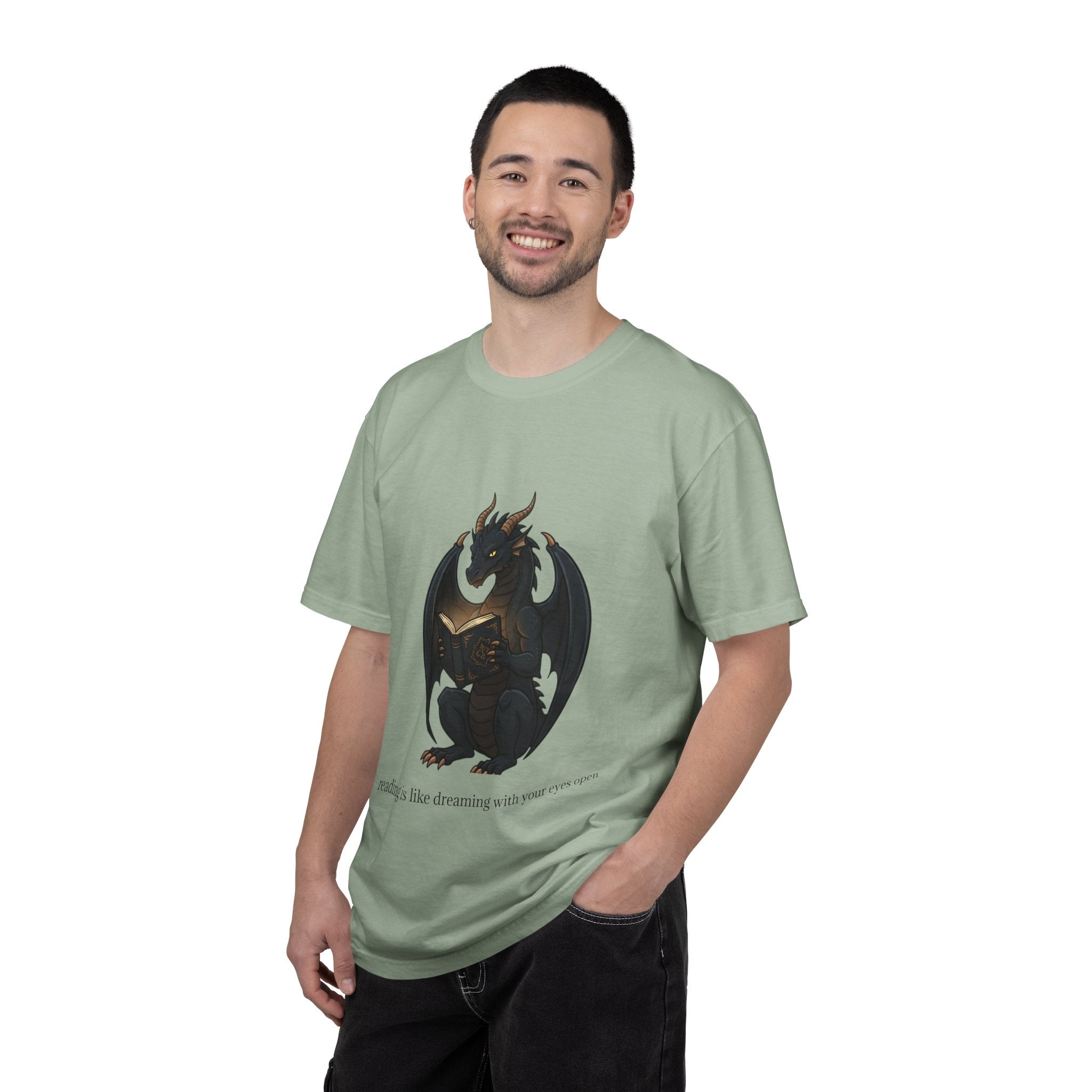 Dragon Reading T-Shirt — 'reading is like dreaming with your eyes open' Graphic Tee