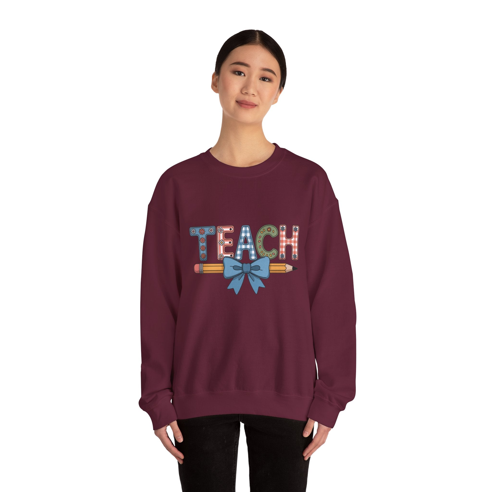 Teacher Crewneck Sweatshirt – "TEACH" Pencil & Bow Design