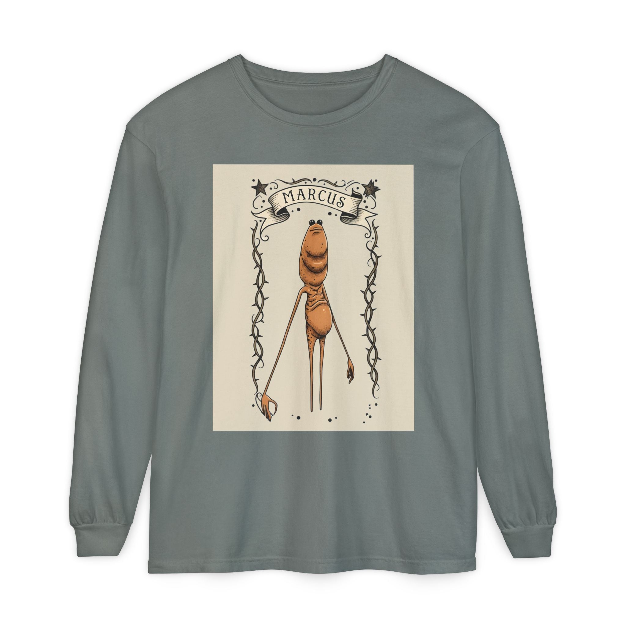 Marcus Character Long Sleeve Tee — Whimsical Creature Illustration Shirt