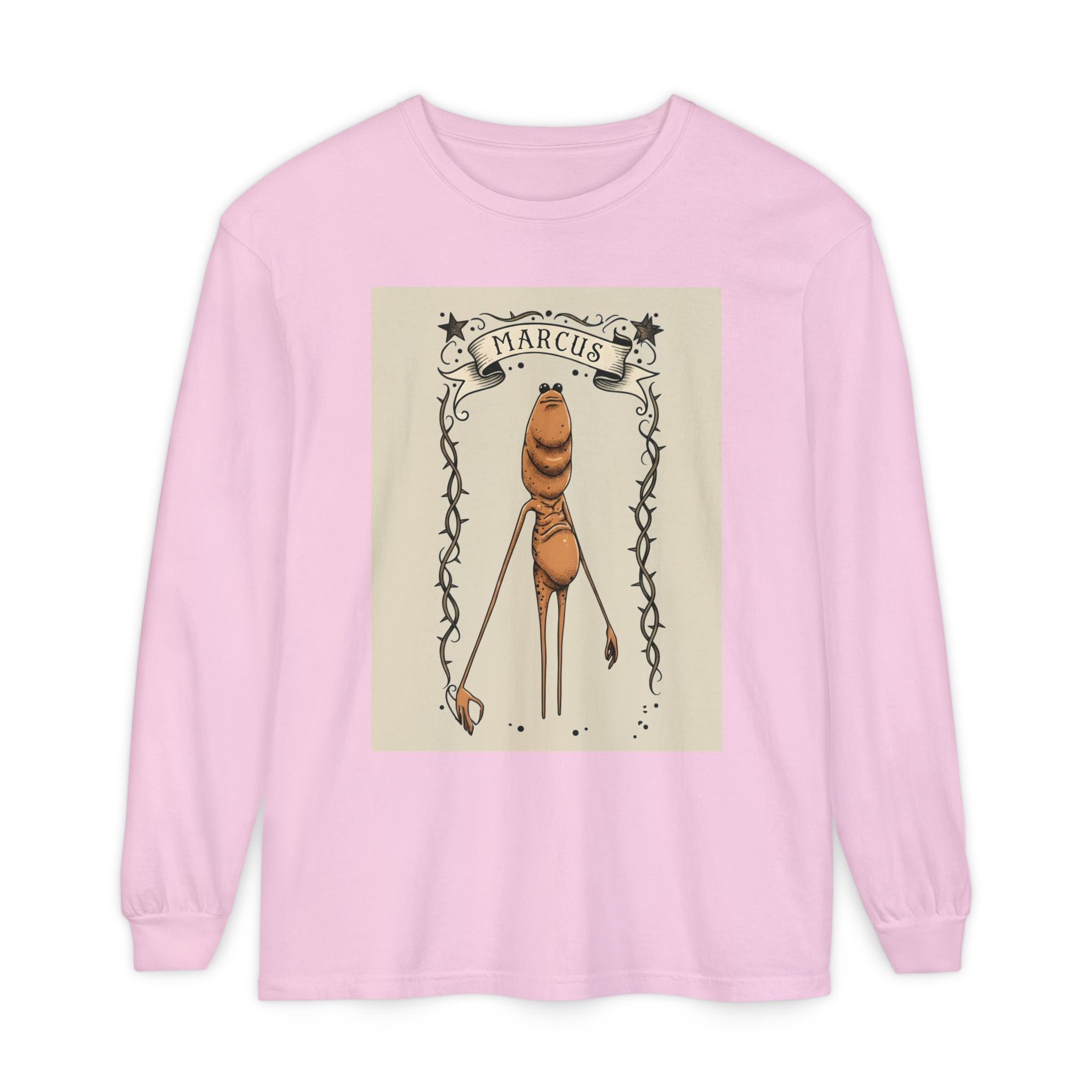 Marcus Character Long Sleeve Tee — Whimsical Creature Illustration Shirt