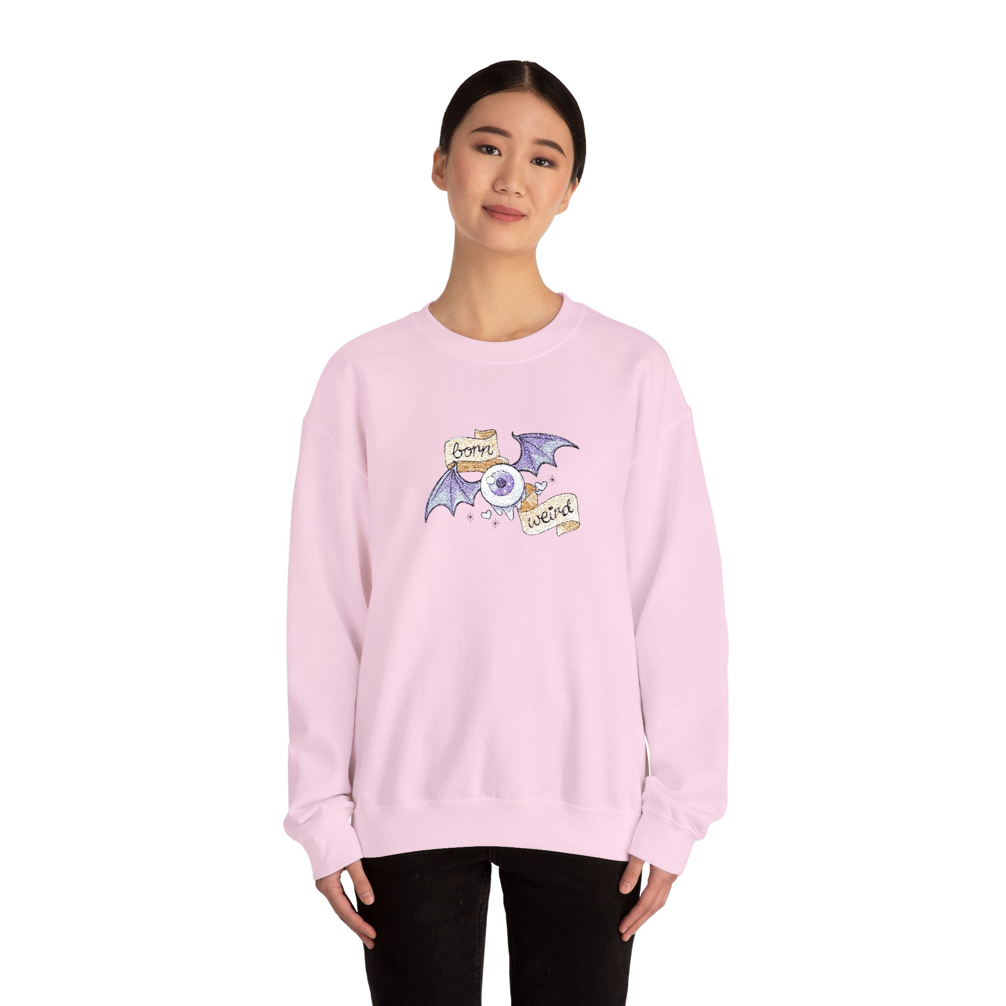 Crewneck Sweatshirt — Purple Bat & Moon Floral Graphic (Halloween Cozy)