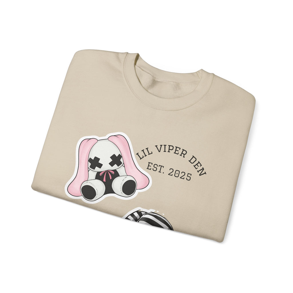 Lil Viper Den bunny Crewneck Sweatshirt — Cute Plush Mask Graphic, Est. 2025