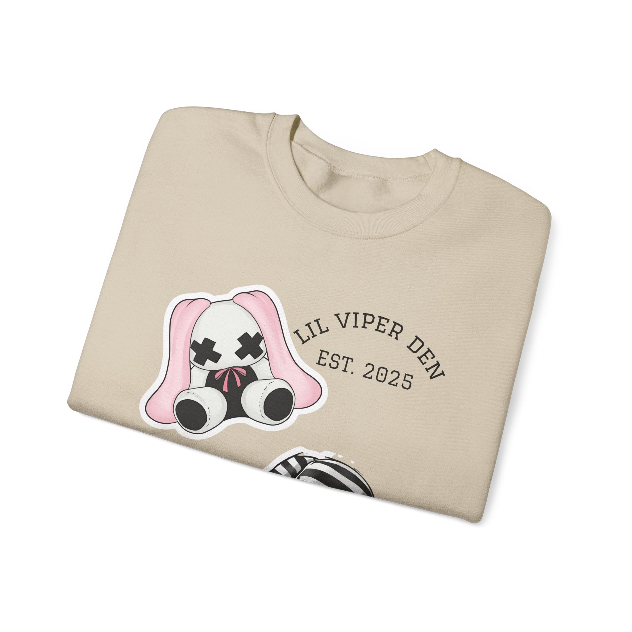 Lil Viper Den bunny Crewneck Sweatshirt — Cute Plush Mask Graphic, Est. 2025