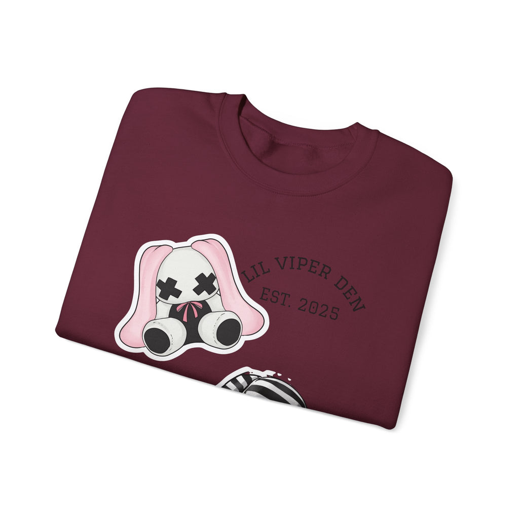 Lil Viper Den bunny Crewneck Sweatshirt — Cute Plush Mask Graphic, Est. 2025