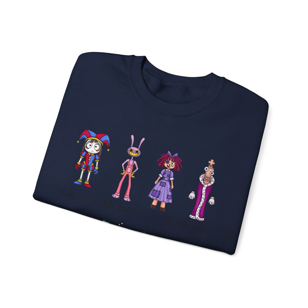 Crewneck Sweatshirt — Cute Creepy Cartoon Clowns Illustration ("Miss..." Character Lineup)