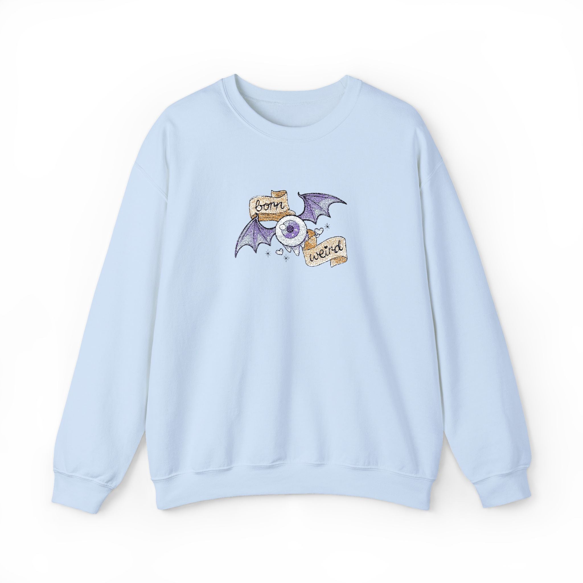 Crewneck Sweatshirt — Purple Bat & Moon Floral Graphic (Halloween Cozy)