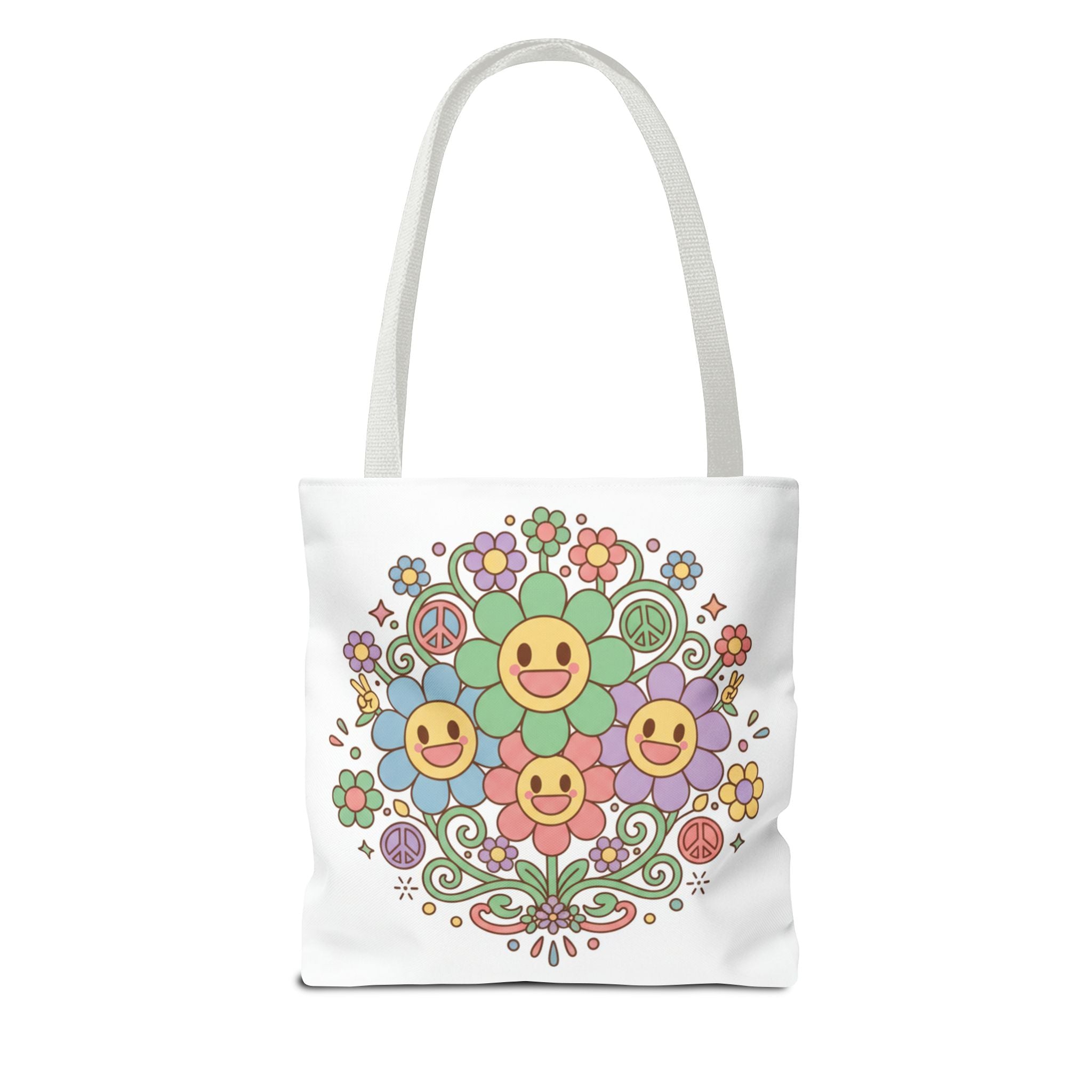 Mom Floral Smile Tote Bag – Retro Smiley Flower All-Over Print Tote