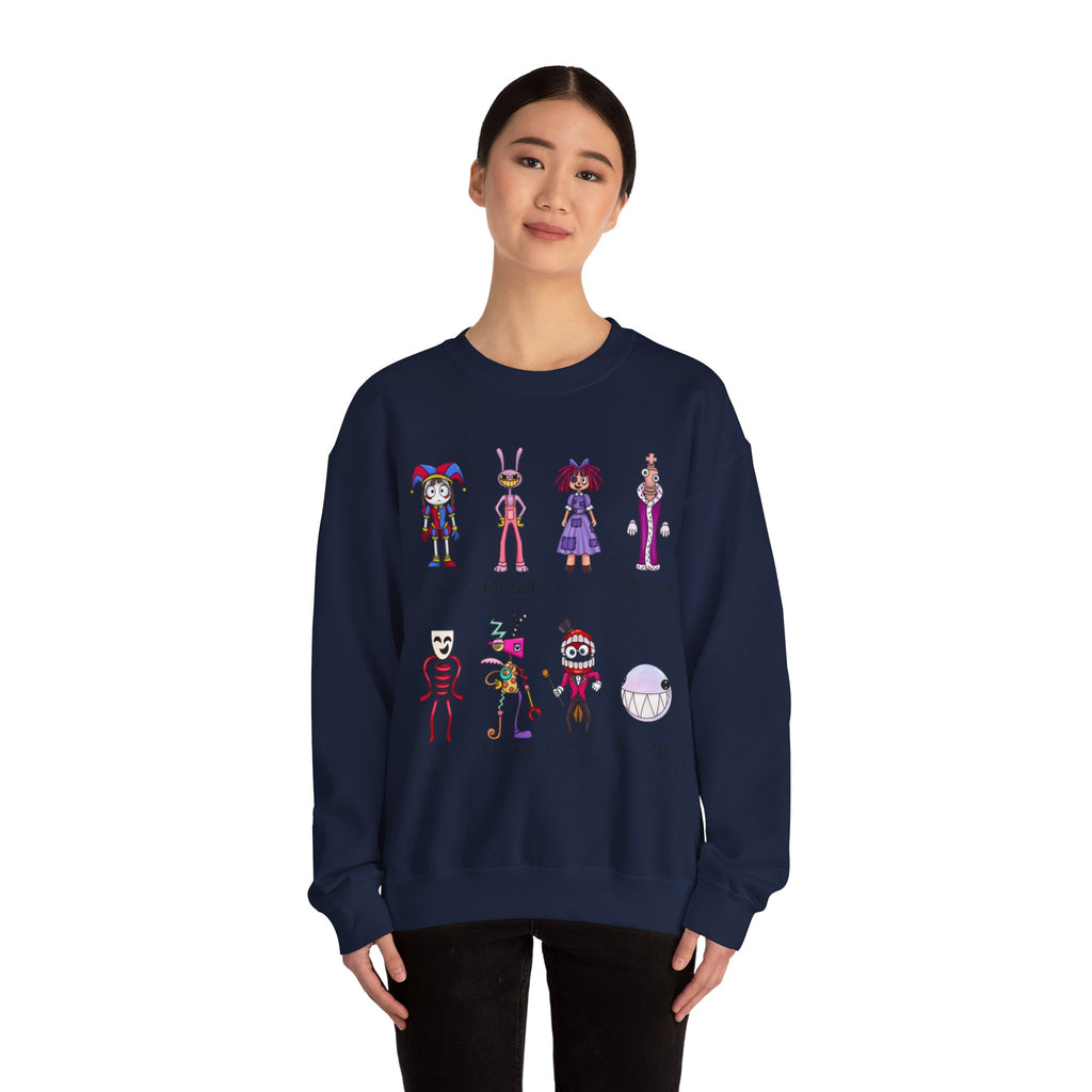 Crewneck Sweatshirt — Cute Creepy Cartoon Clowns Illustration ("Miss..." Character Lineup)
