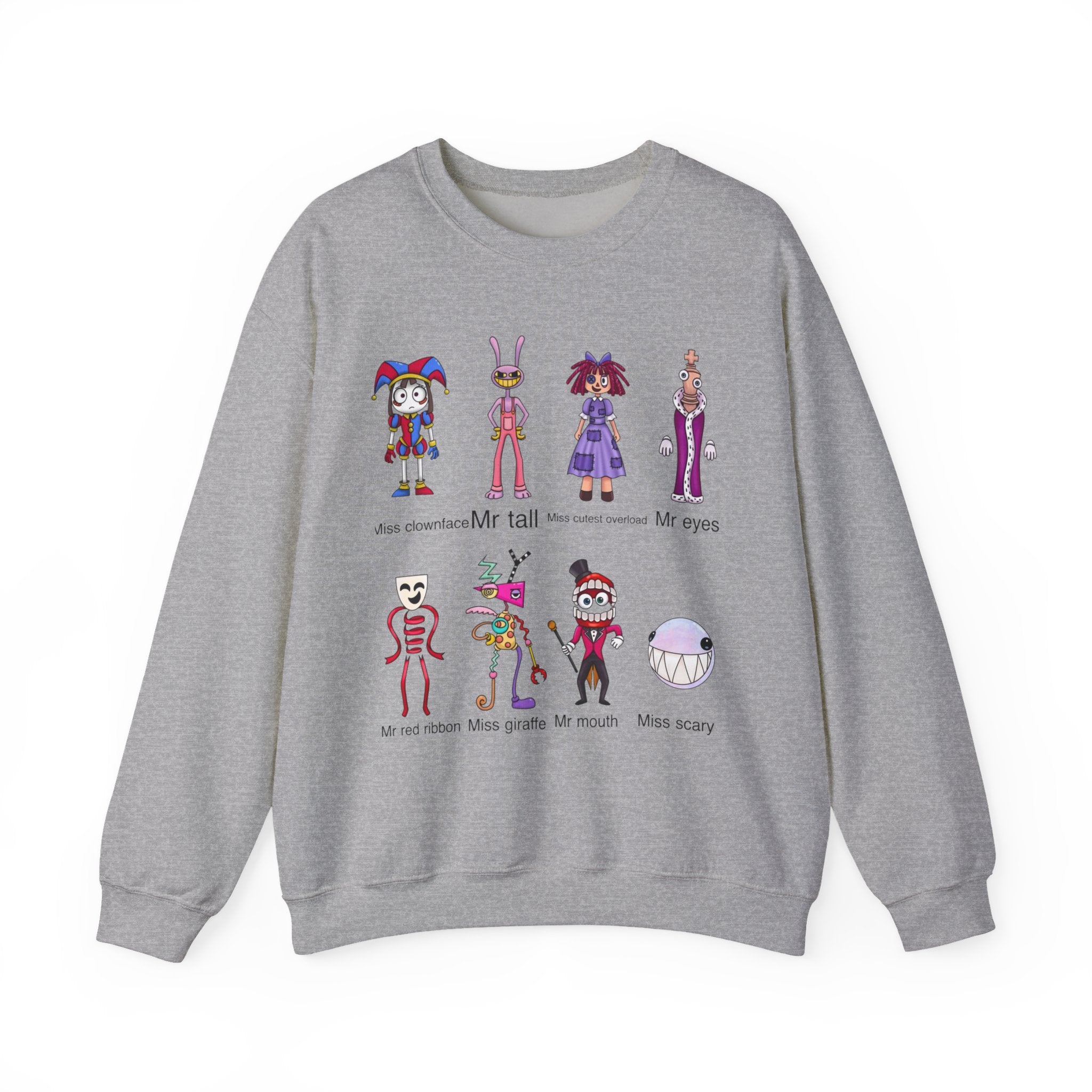Crewneck Sweatshirt — Cute Creepy Cartoon Clowns Illustration ("Miss..." Character Lineup)
