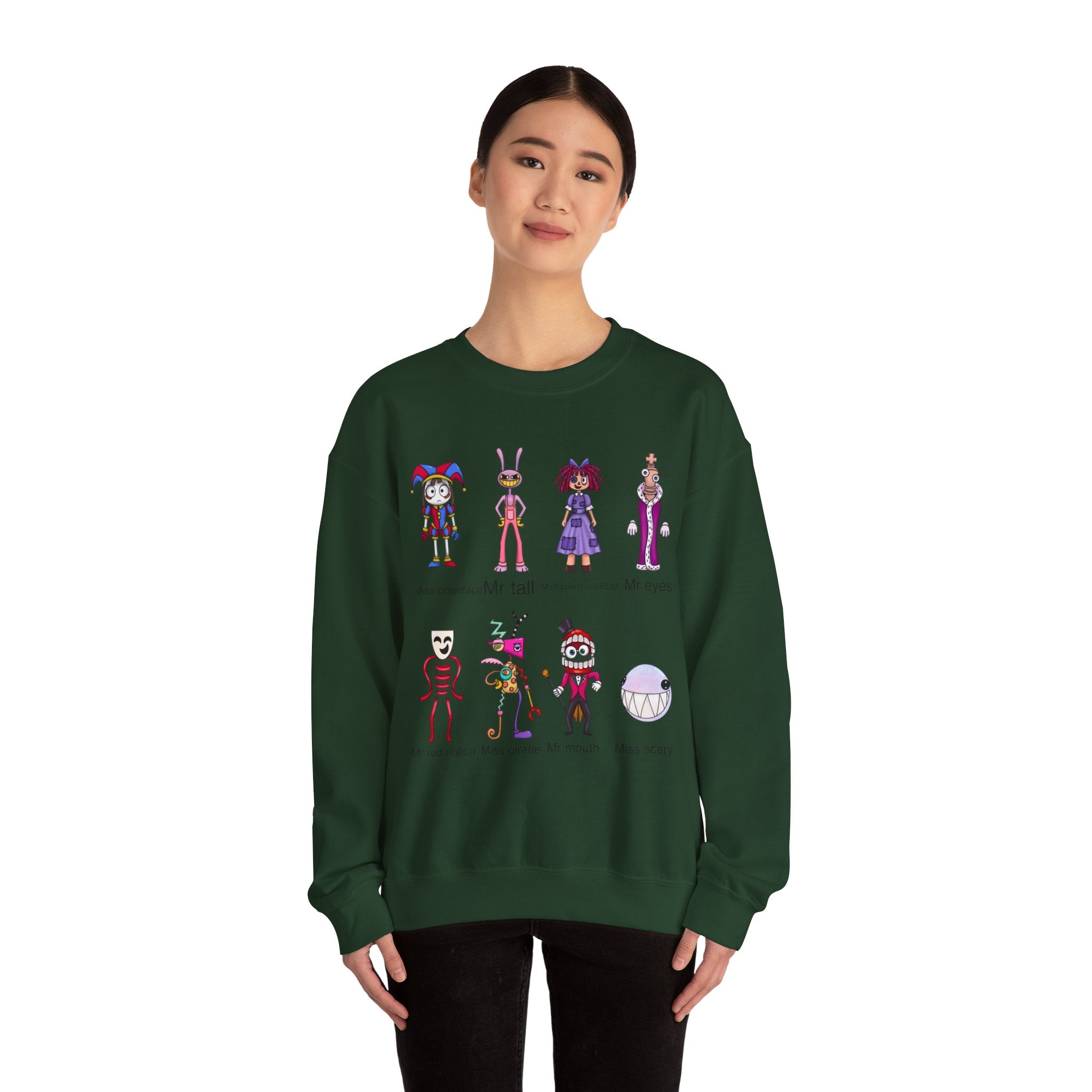 Crewneck Sweatshirt — Cute Creepy Cartoon Clowns Illustration ("Miss..." Character Lineup)