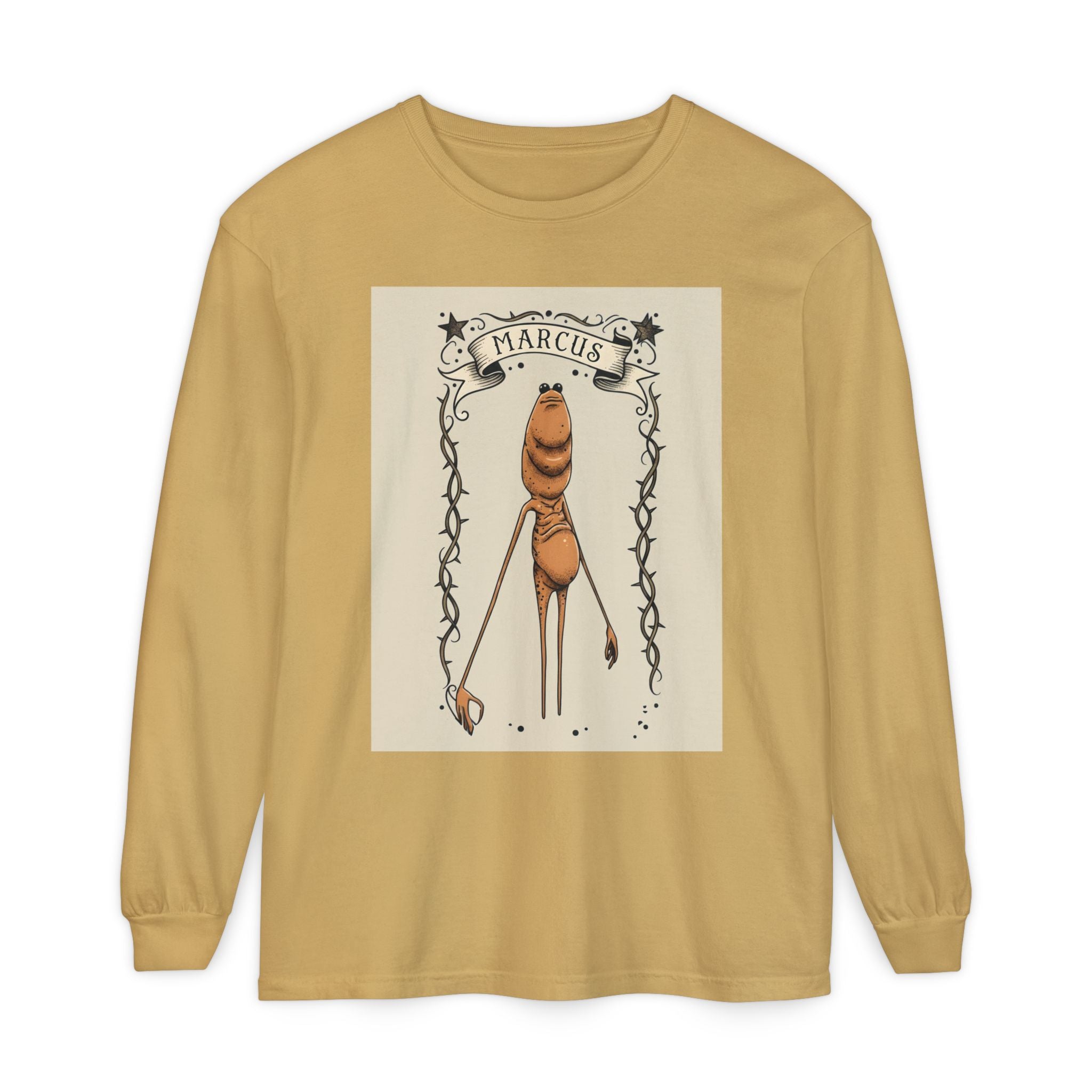 Marcus Character Long Sleeve Tee — Whimsical Creature Illustration Shirt