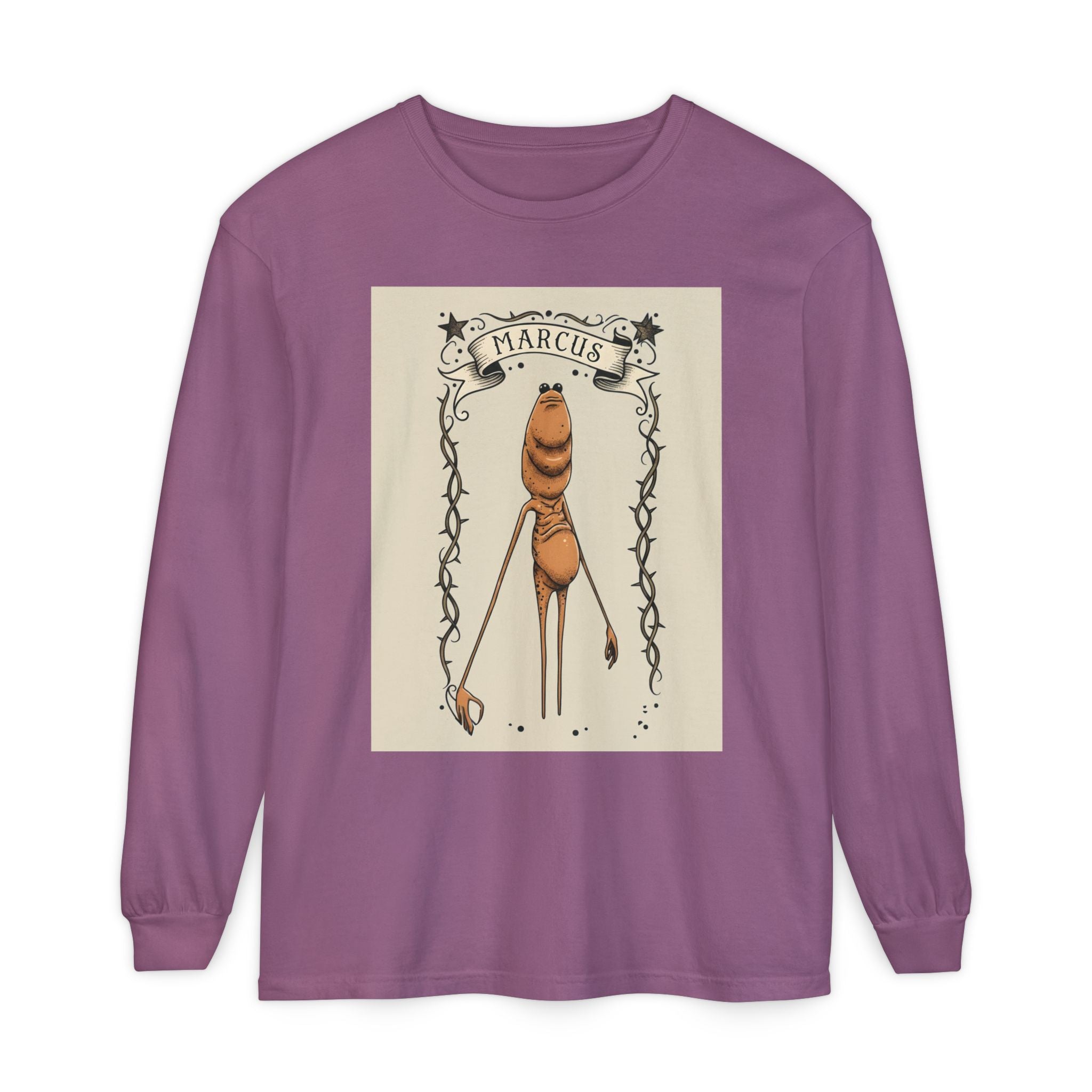 Marcus Character Long Sleeve Tee — Whimsical Creature Illustration Shirt