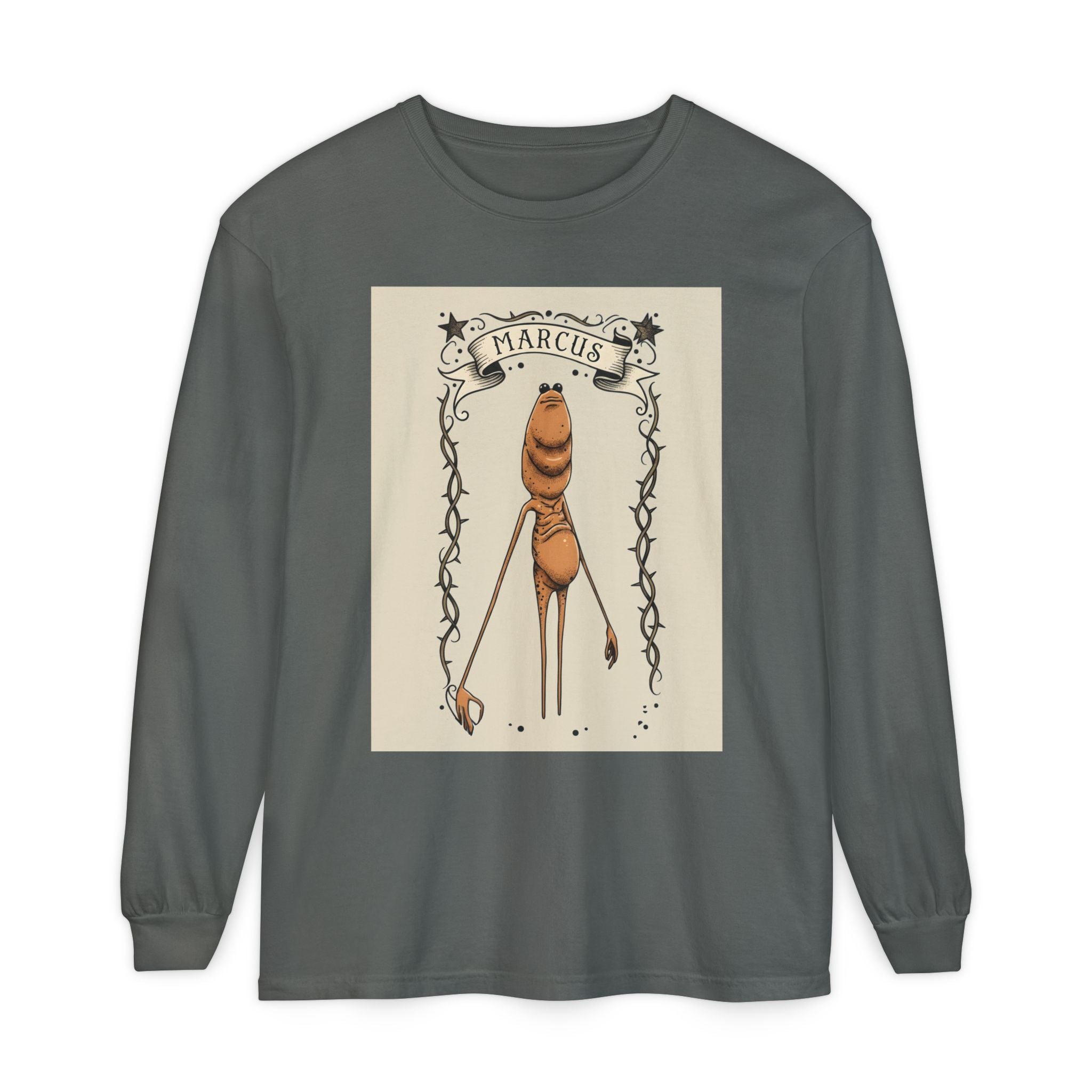 Marcus Character Long Sleeve Tee — Whimsical Creature Illustration Shirt