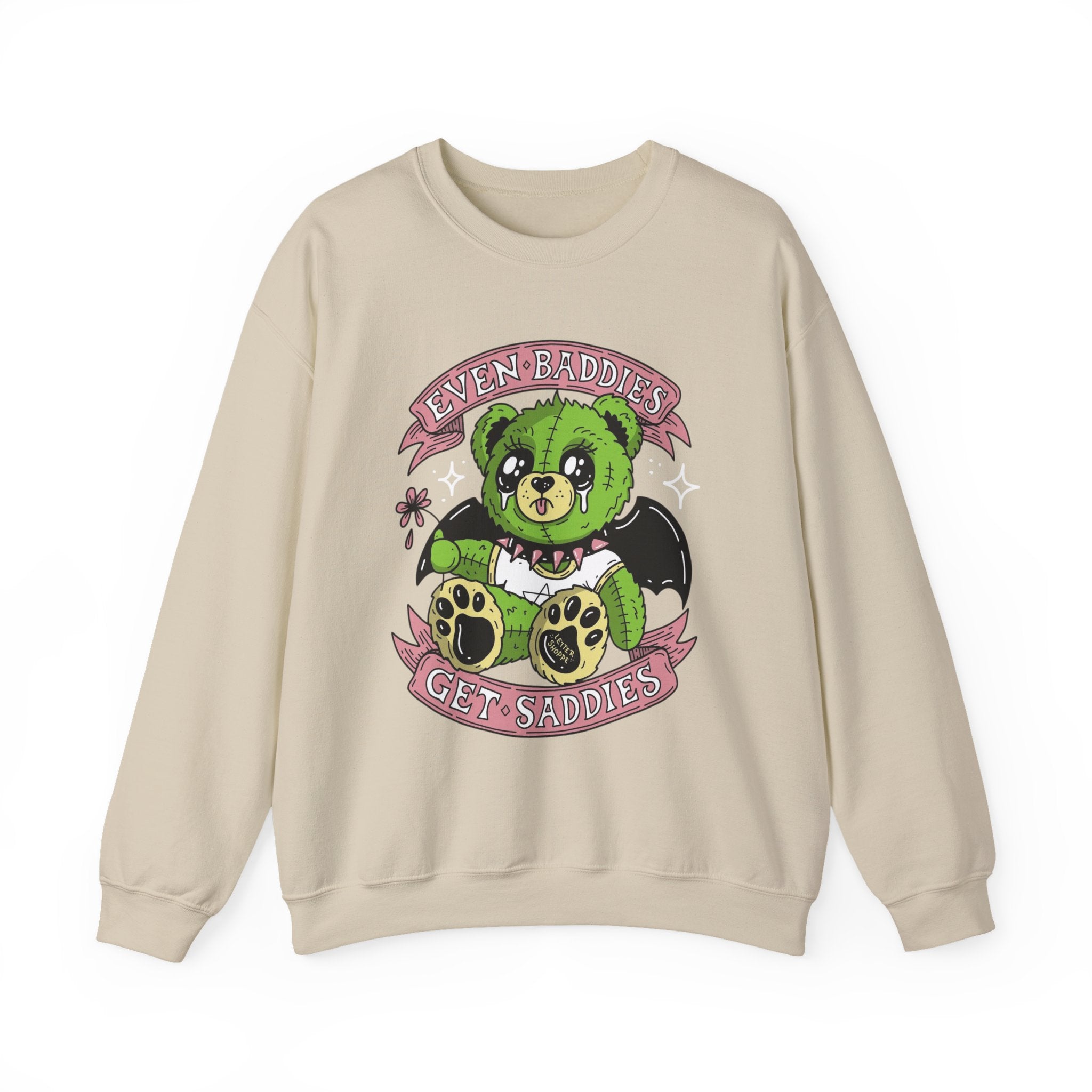 Get Saddest Green Bear Crewneck Sweatshirt — Cute Gothic Teddy Graphic