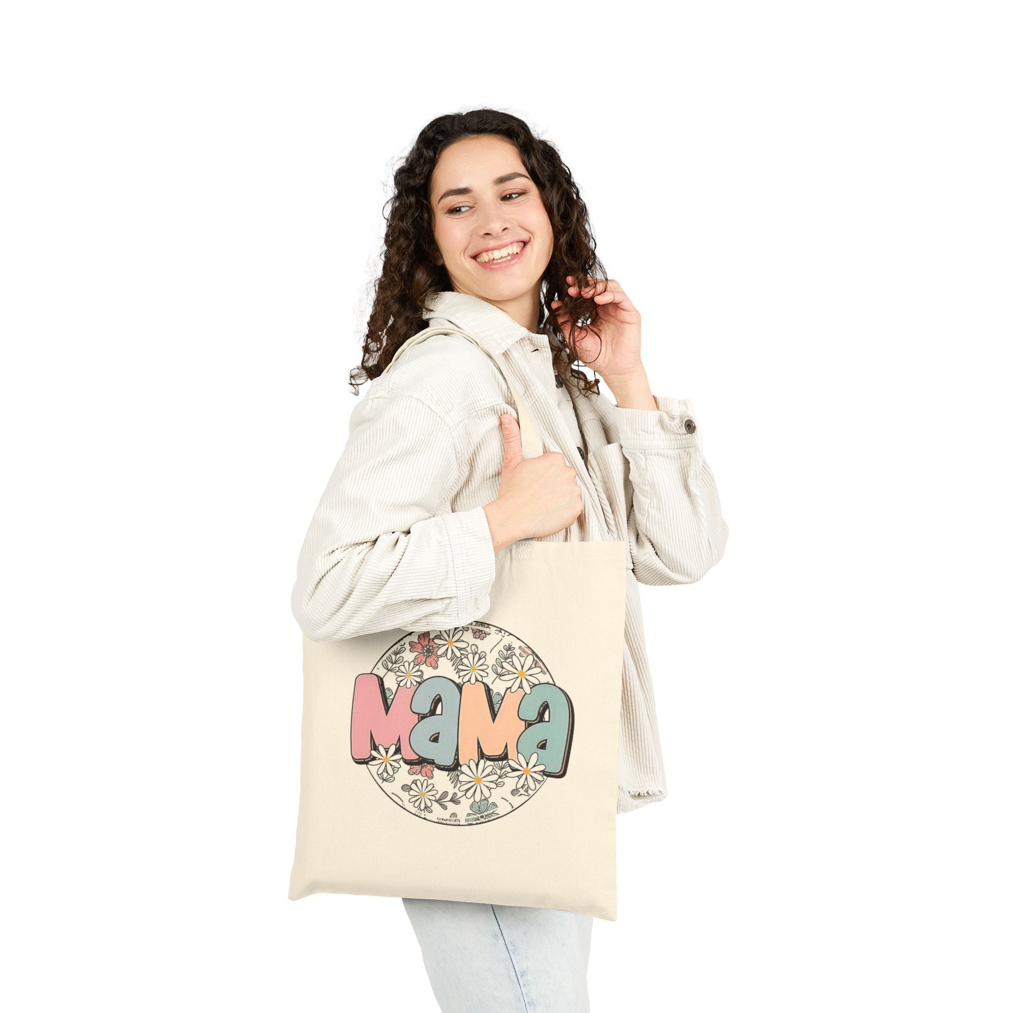 Mama Floral Tote Bag — Retro Daisy Cotton Canvas Market Tote