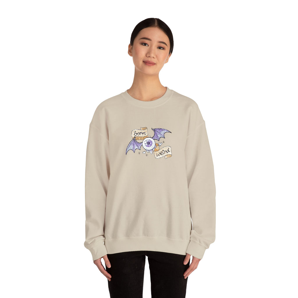 Crewneck Sweatshirt — Purple Bat & Moon Floral Graphic (Halloween Cozy)