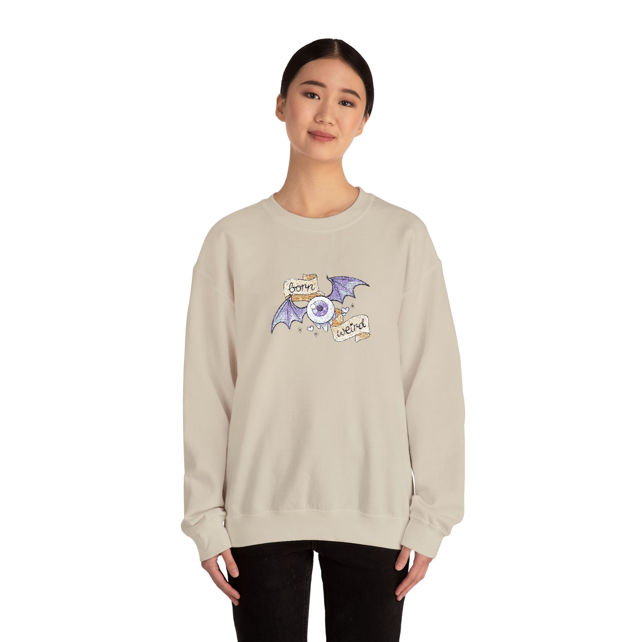 Crewneck Sweatshirt — Purple Bat & Moon Floral Graphic (Halloween Cozy)
