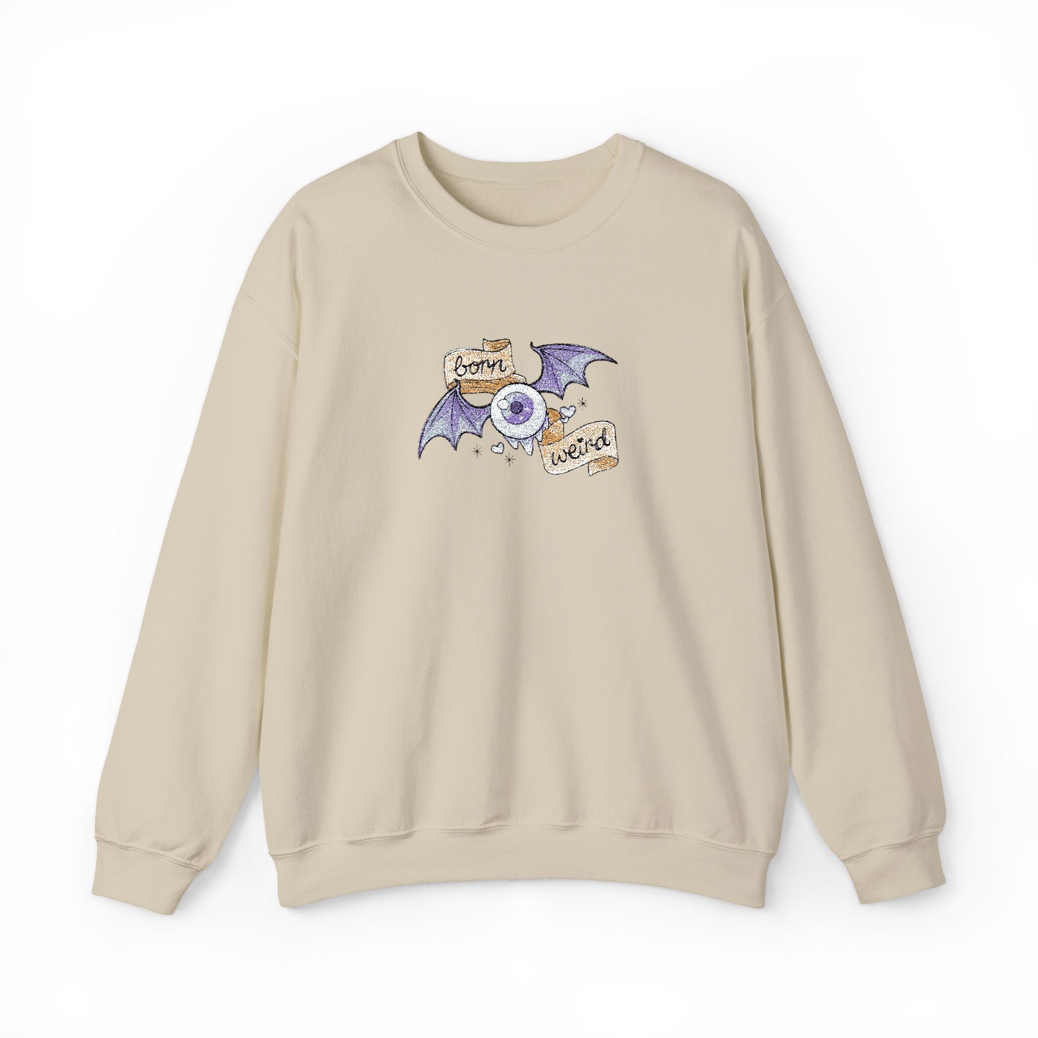 Crewneck Sweatshirt — Purple Bat & Moon Floral Graphic (Halloween Cozy)