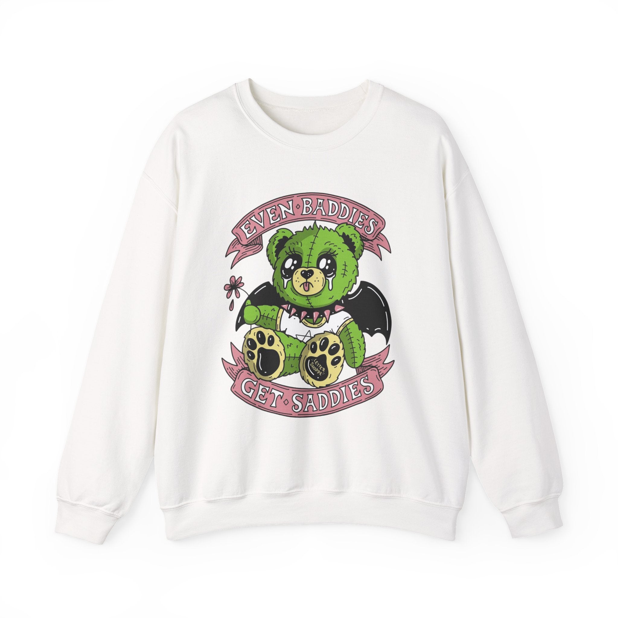 Get Saddest Green Bear Crewneck Sweatshirt — Cute Gothic Teddy Graphic