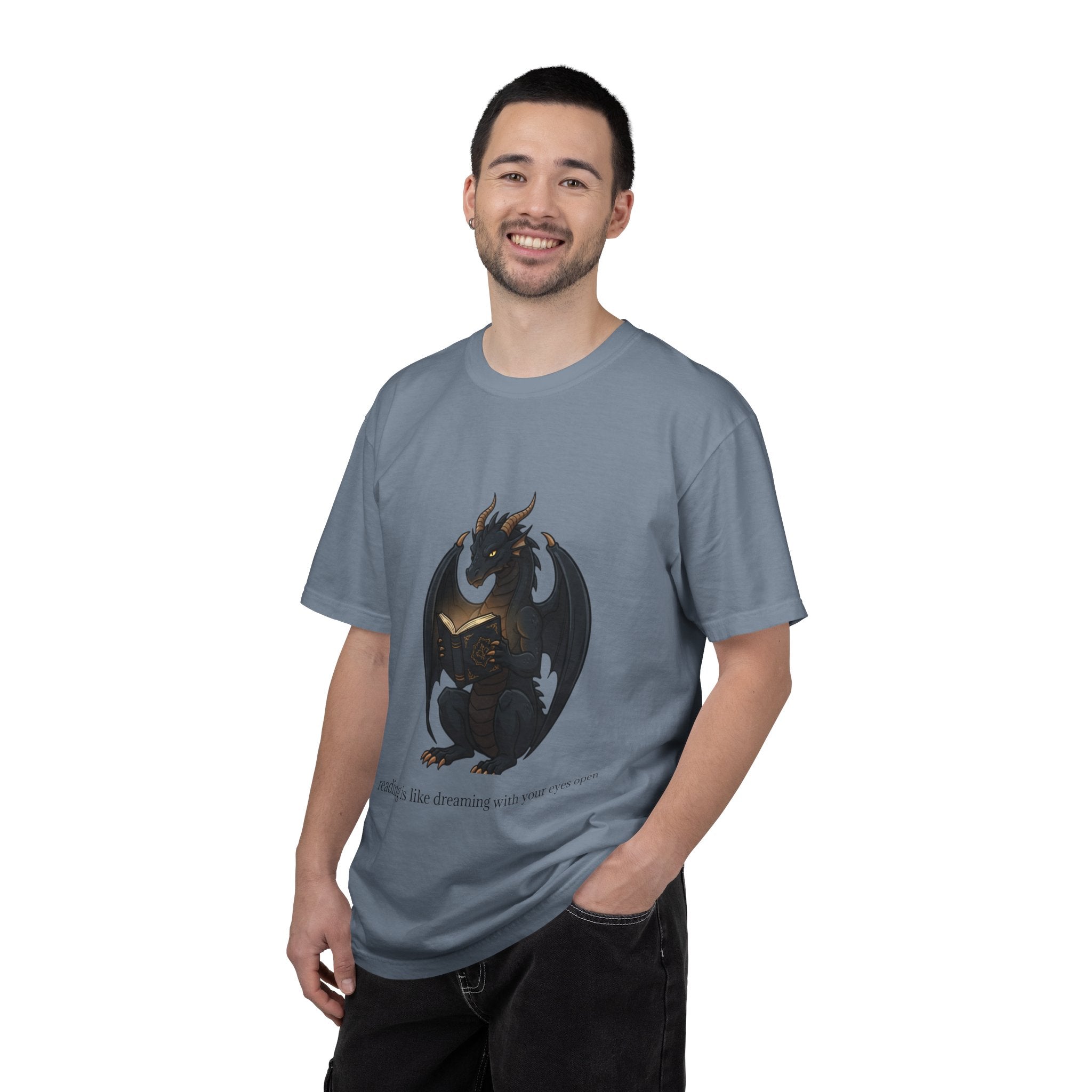 Dragon Reading T-Shirt — 'reading is like dreaming with your eyes open' Graphic Tee