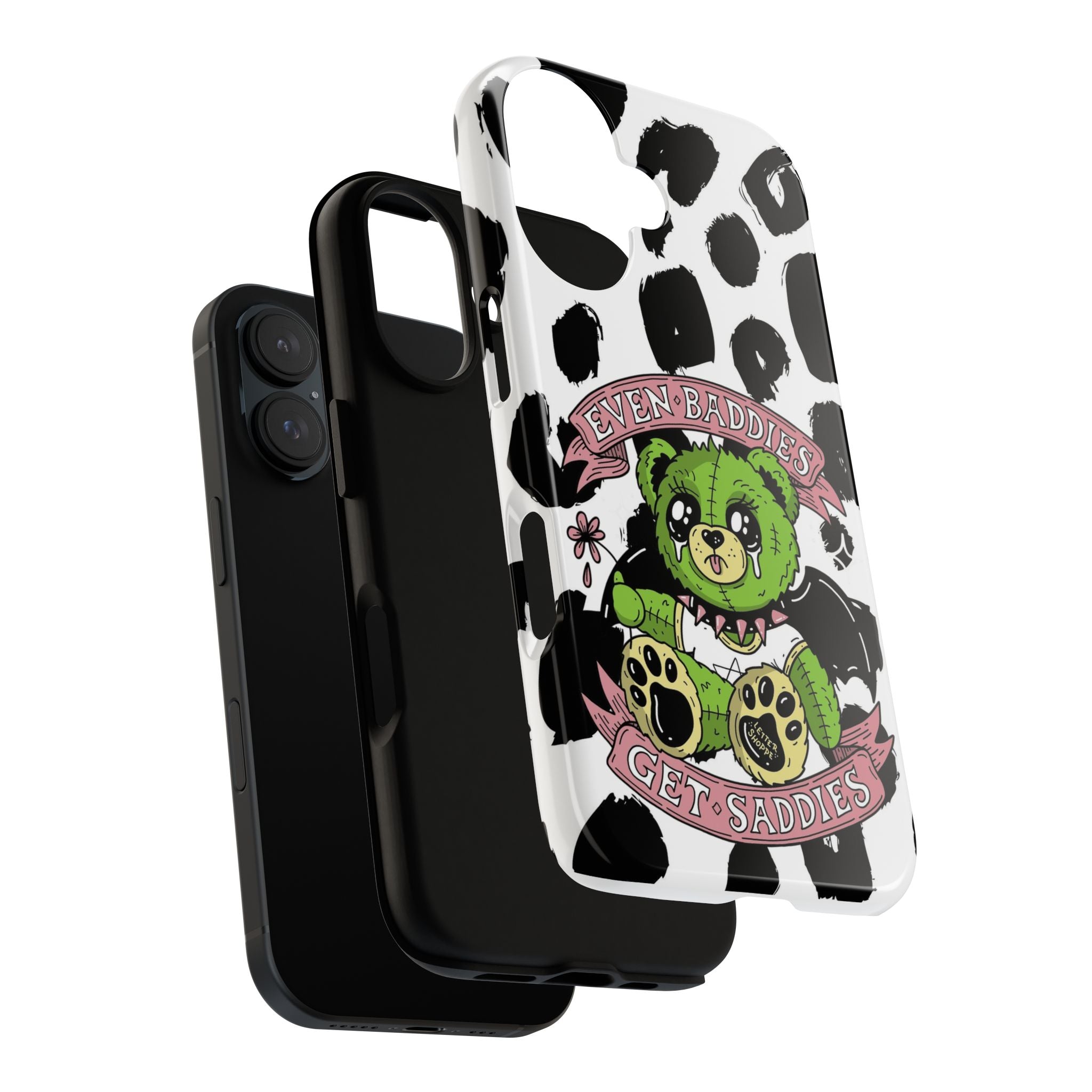 Cute Green Teddy Phone Case — "Even Baddies Get Saddles" Cow Print Protective Case