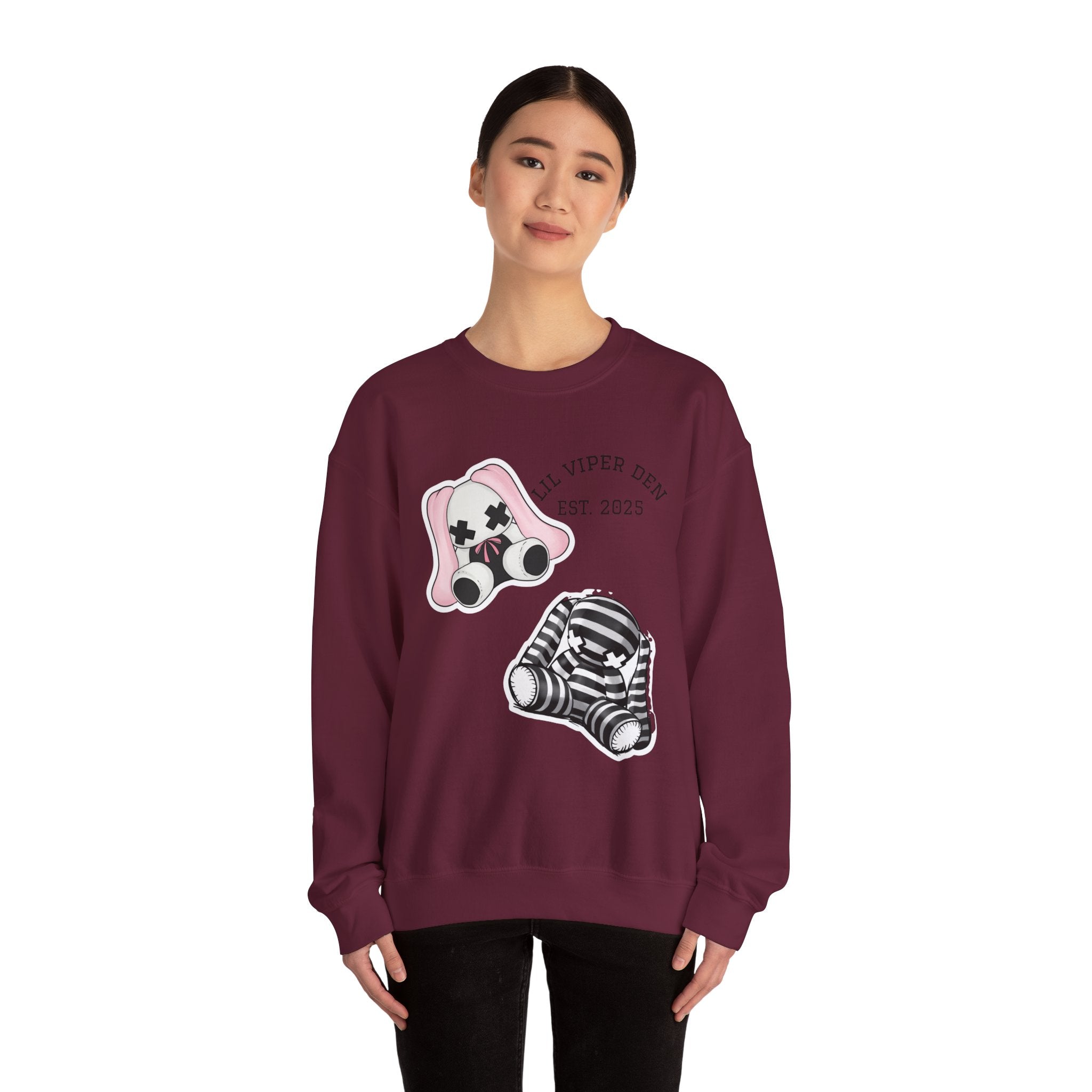 Lil Viper Den bunny Crewneck Sweatshirt — Cute Plush Mask Graphic, Est. 2025
