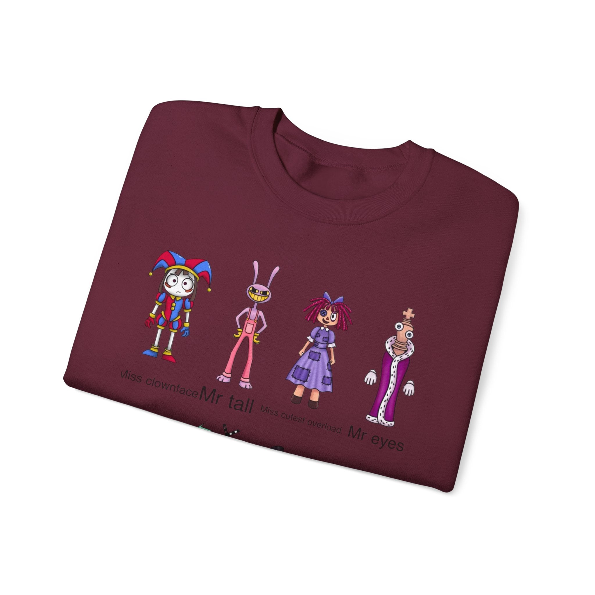 Crewneck Sweatshirt — Cute Creepy Cartoon Clowns Illustration ("Miss..." Character Lineup)