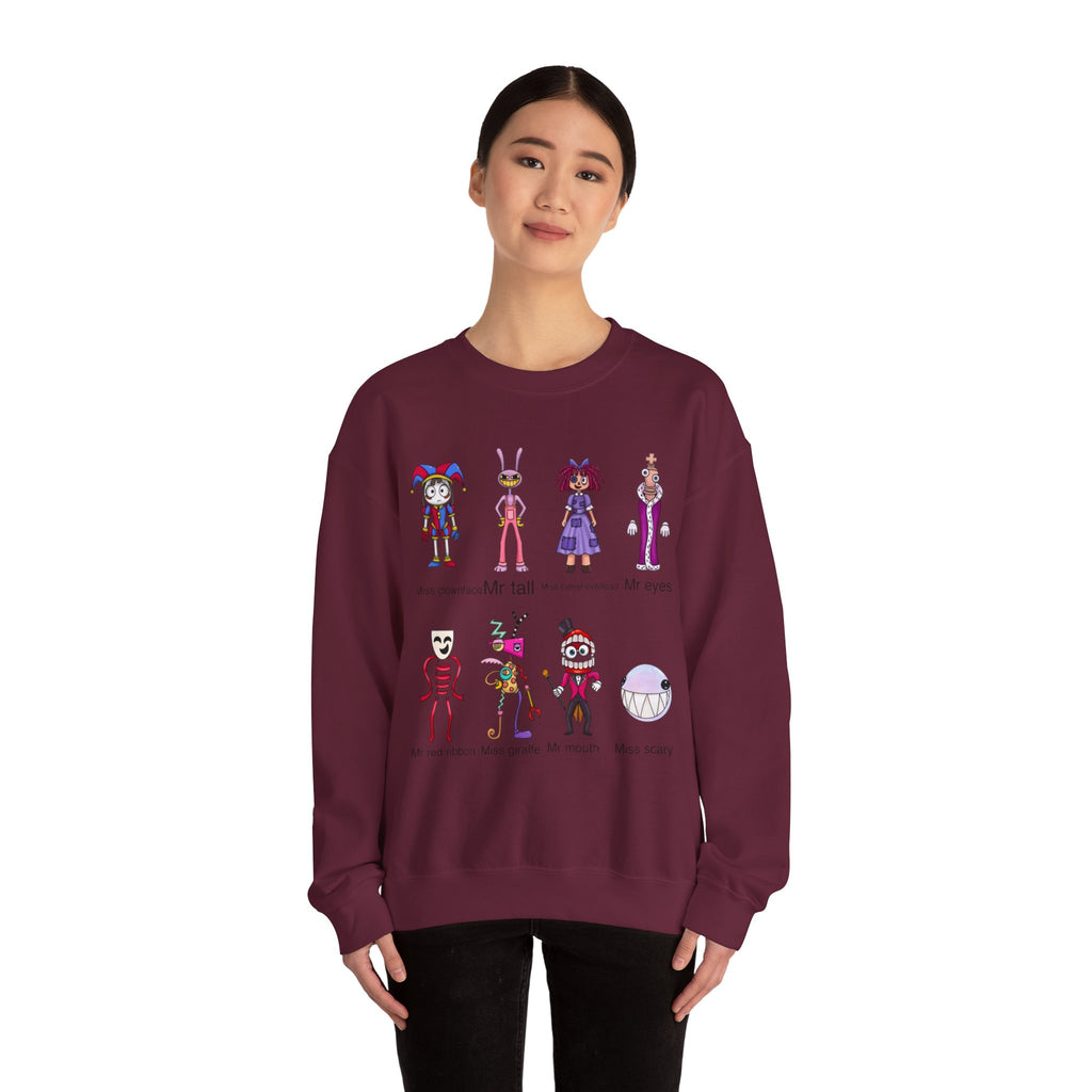 Crewneck Sweatshirt — Cute Creepy Cartoon Clowns Illustration ("Miss..." Character Lineup)