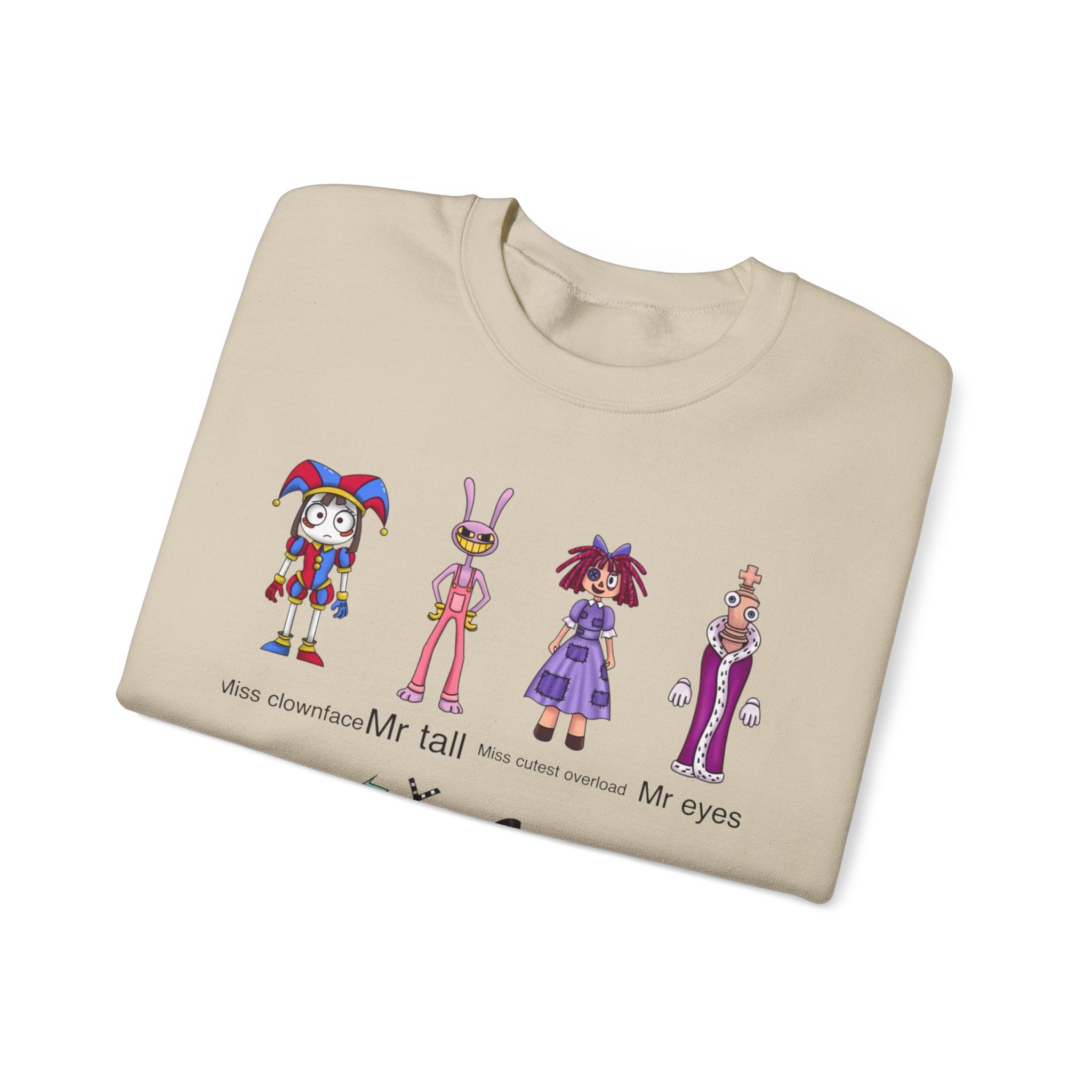 Crewneck Sweatshirt — Cute Creepy Cartoon Clowns Illustration ("Miss..." Character Lineup)
