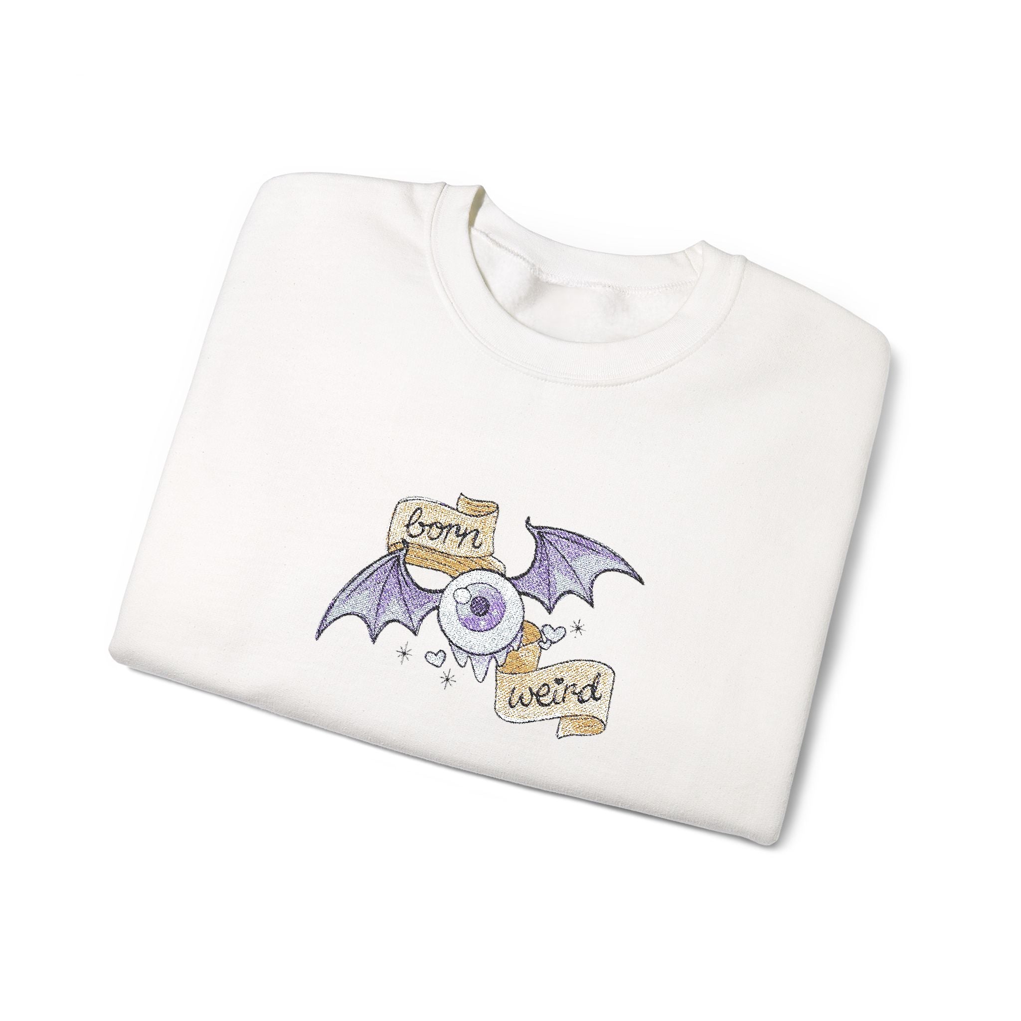Crewneck Sweatshirt — Purple Bat & Moon Floral Graphic (Halloween Cozy)