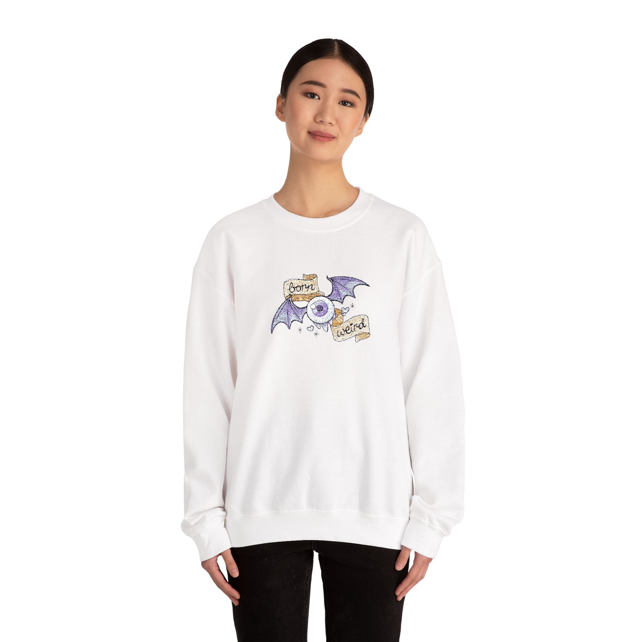 Crewneck Sweatshirt — Purple Bat & Moon Floral Graphic (Halloween Cozy)