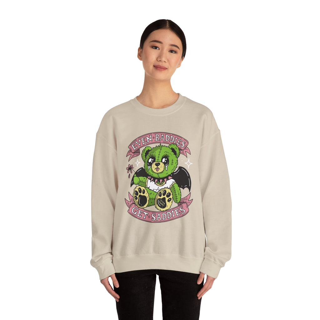 Get Saddest Green Bear Crewneck Sweatshirt — Cute Gothic Teddy Graphic